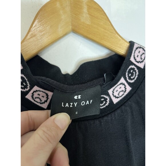 Lazy Oaf Men's Small Oversized Tshirt Black Logo Pink Happy Sad Jacquard Collar - Picture 3 of 5